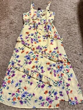h.i.p. Yellow Floral Ruffle Maxi Dress with Purple & Orange Flowers